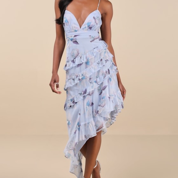 Lulus Saveria Light Blue Floral Ruffled Asymmetrical Maxi Dress - Size L - Picture 1 of 1